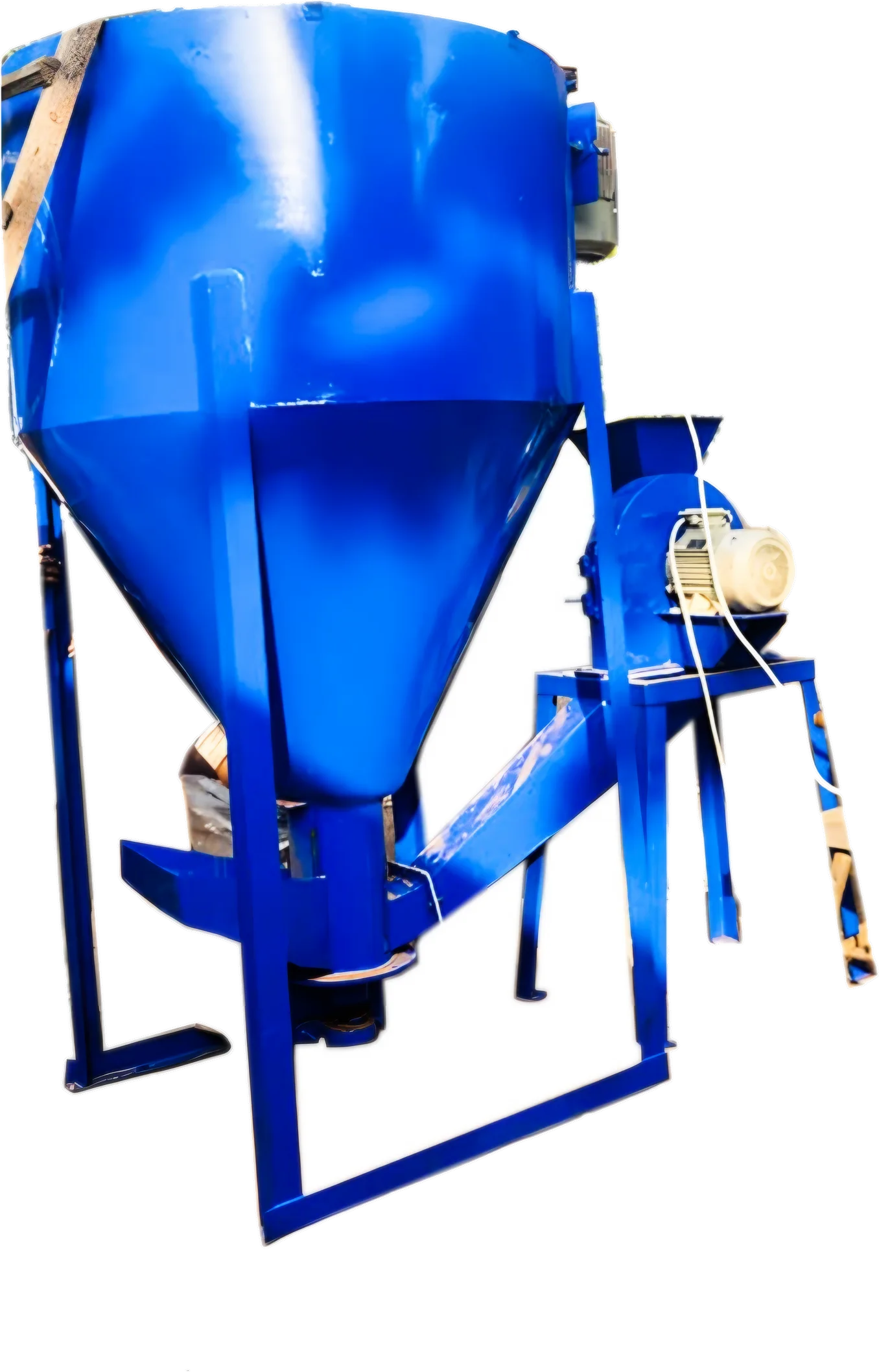 Blue feed mill with tall conical mixing hopper and side-mounted grinder