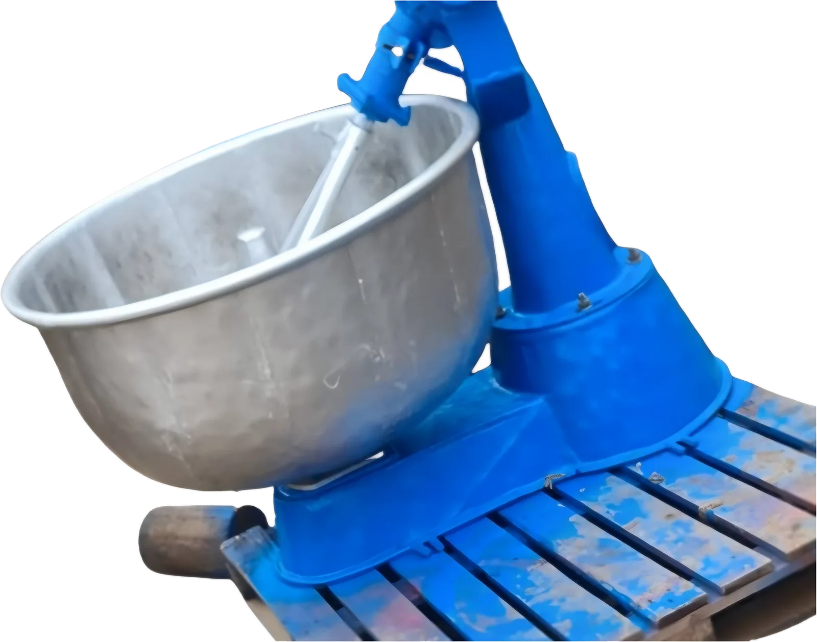 Flour mixer with stainless steel bowl and blue mixing arm on a pedestal