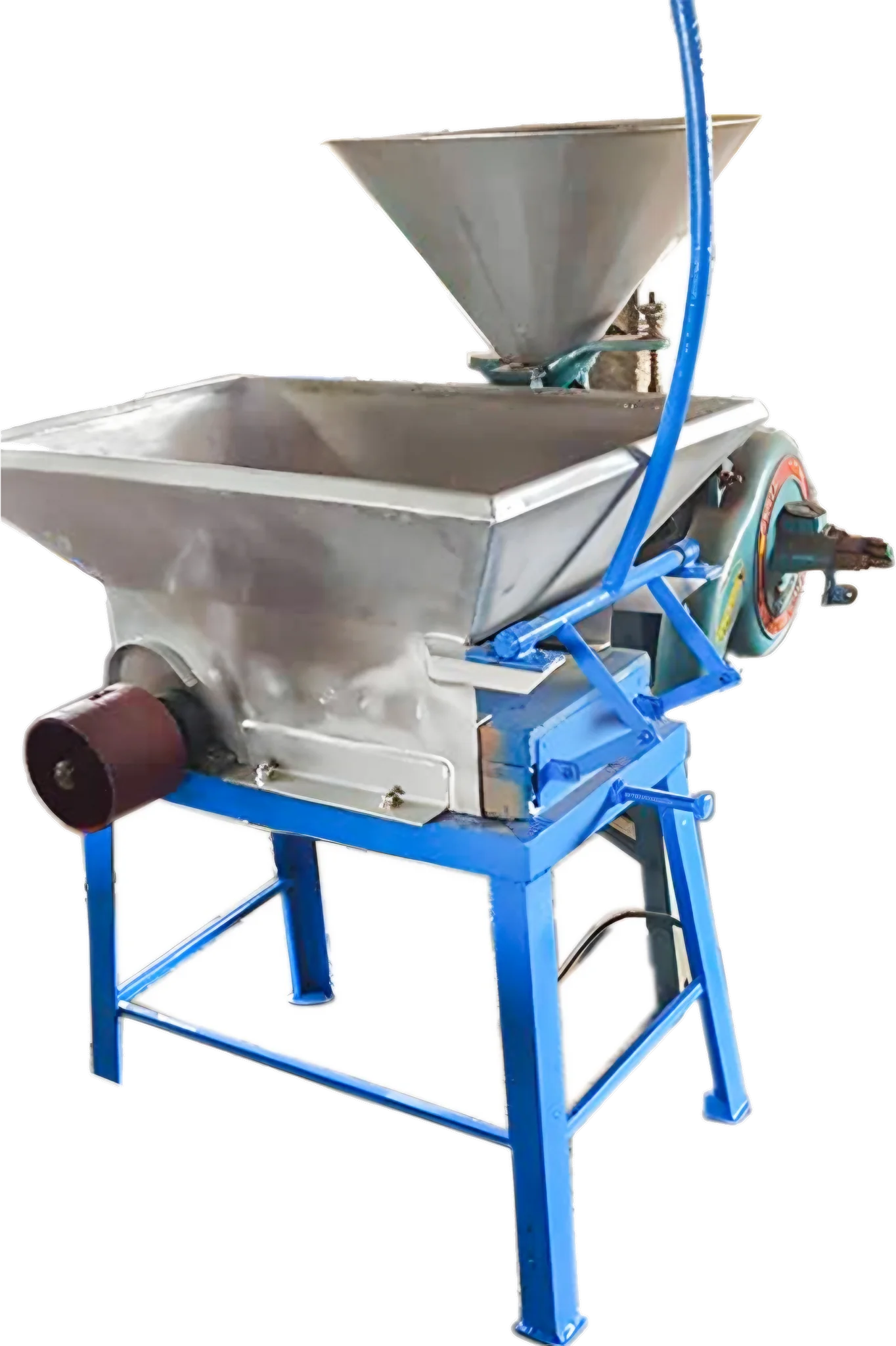 Stainless steel cassava grater with hopper, trough and belt pulley on blue frame